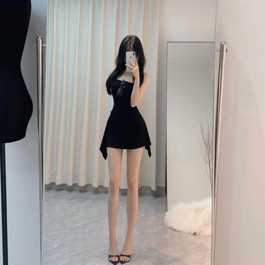 带胸垫纯欲褶皱掐腰辣妹修身百搭显白A字鱼尾抹胸连衣裙短裙子女