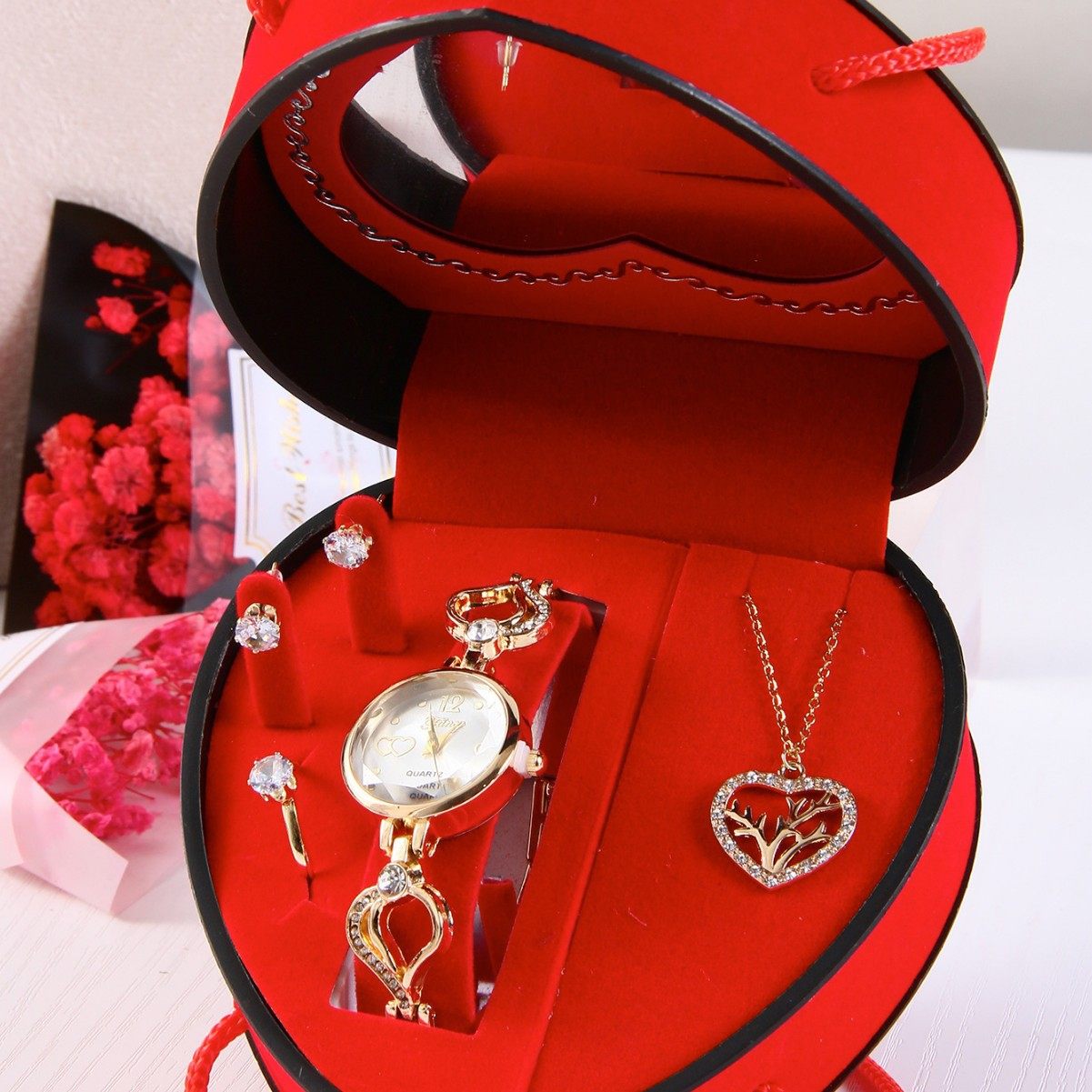 满钻手表项链套装爱心不锈钢情人节母亲节520送妈妈女友礼物