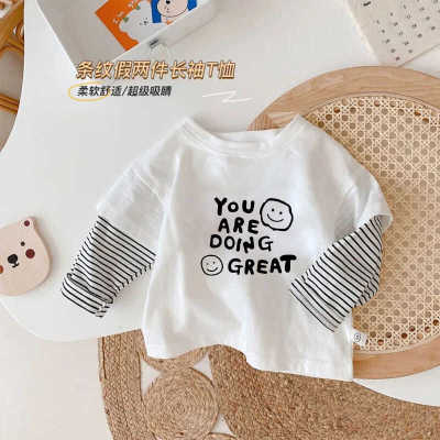 男女童T恤纯棉长袖春秋款条纹休闲假两件打底衫男童宝宝秋装上衣