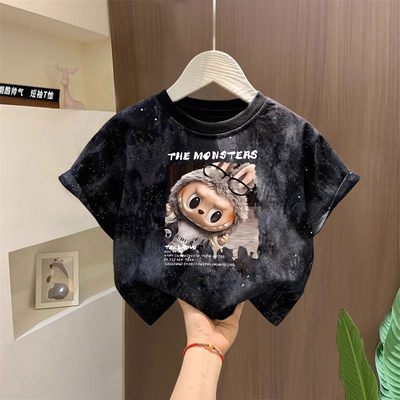 新款纯棉夏季拉布男童T恤扎染卡通儿童短袖宽松潮流百搭半袖上衣t