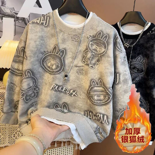 儿童新款 2025拉布布印花上衣假两件卫衣保暖 加绒卫衣帅气上衣长袖