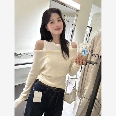 老钱风撞色假两件露肩针