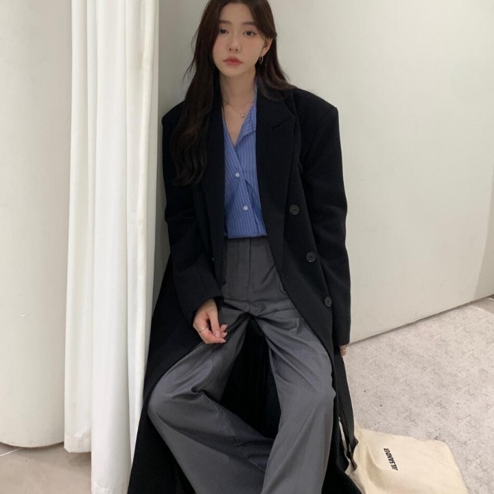 已出货 黑色风衣外套女秋冬韩版宽松垫肩高级感廓形西装毛呢大衣