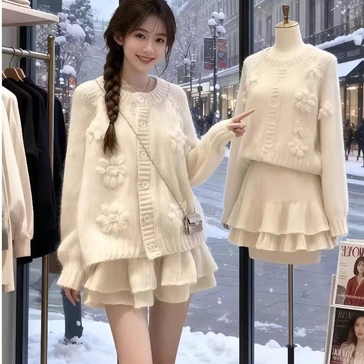 温柔独特超好看小香风2025秋冬新款气质软糯针织上衣半身裙两件套
