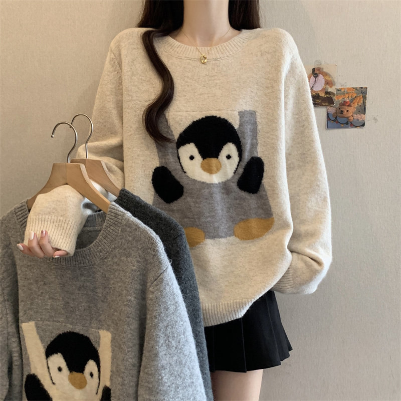 学院风卡通企鹅刺绣毛衣秋冬新款胖MM洋气减龄慵懒显瘦针织衫毛衣,女装/女士精品,大码内搭,淘宝优惠券,粉丝福利购,淘宝优惠卷
