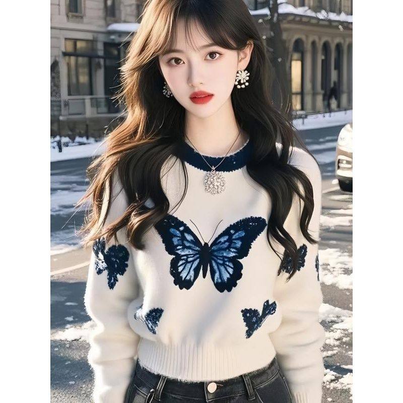 时尚气质百搭蝴蝶提花针织衫女秋冬新款韩系独特绝美别致漂亮毛衣