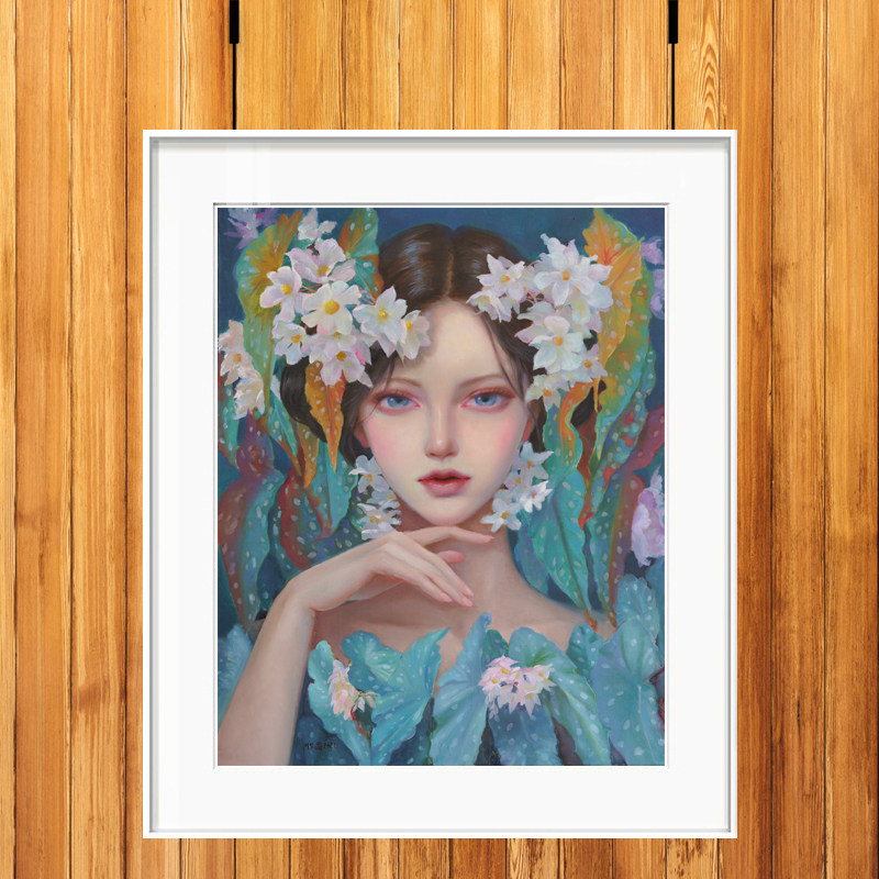 何水晶新作秋海棠现代潮流艺术美少女卧室床头装饰画小众沙发挂画