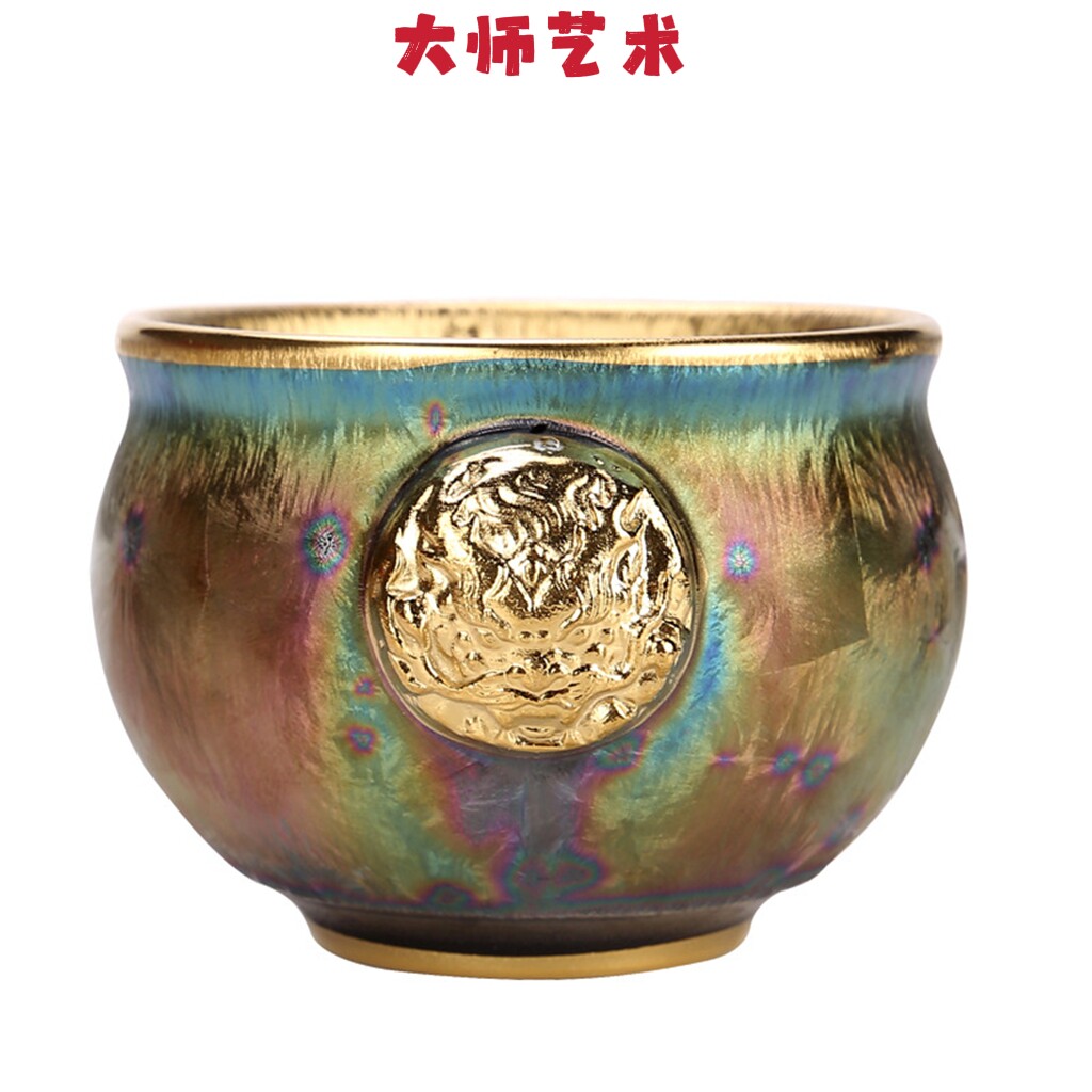 大师艺术高端鎏金陶瓷镶银七彩茶杯狮子杯品茗杯单杯建盏主人杯