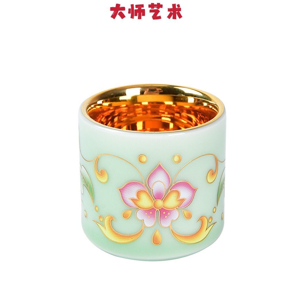 大师艺术高端珐琅彩板指杯鎏金主人杯建盏单杯茶盏杯子茶杯品茗杯