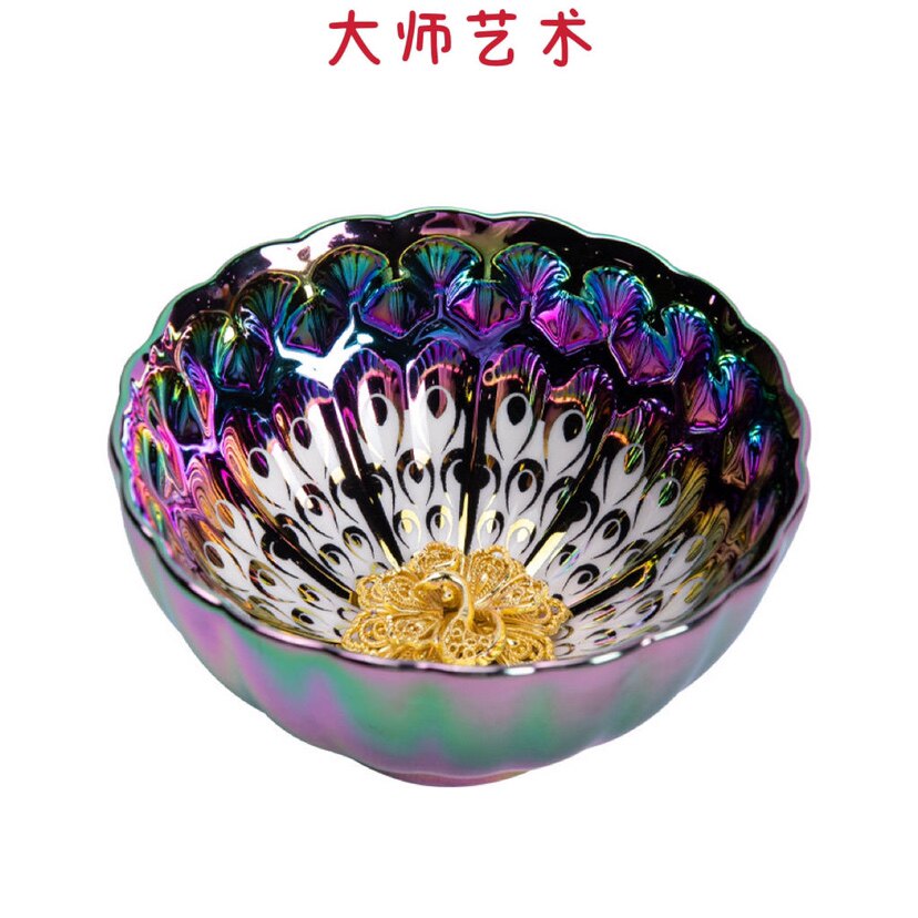 大师艺术高端七彩妖妃镶金莲花孔雀鎏金陶瓷主人杯茶盏品茗杯