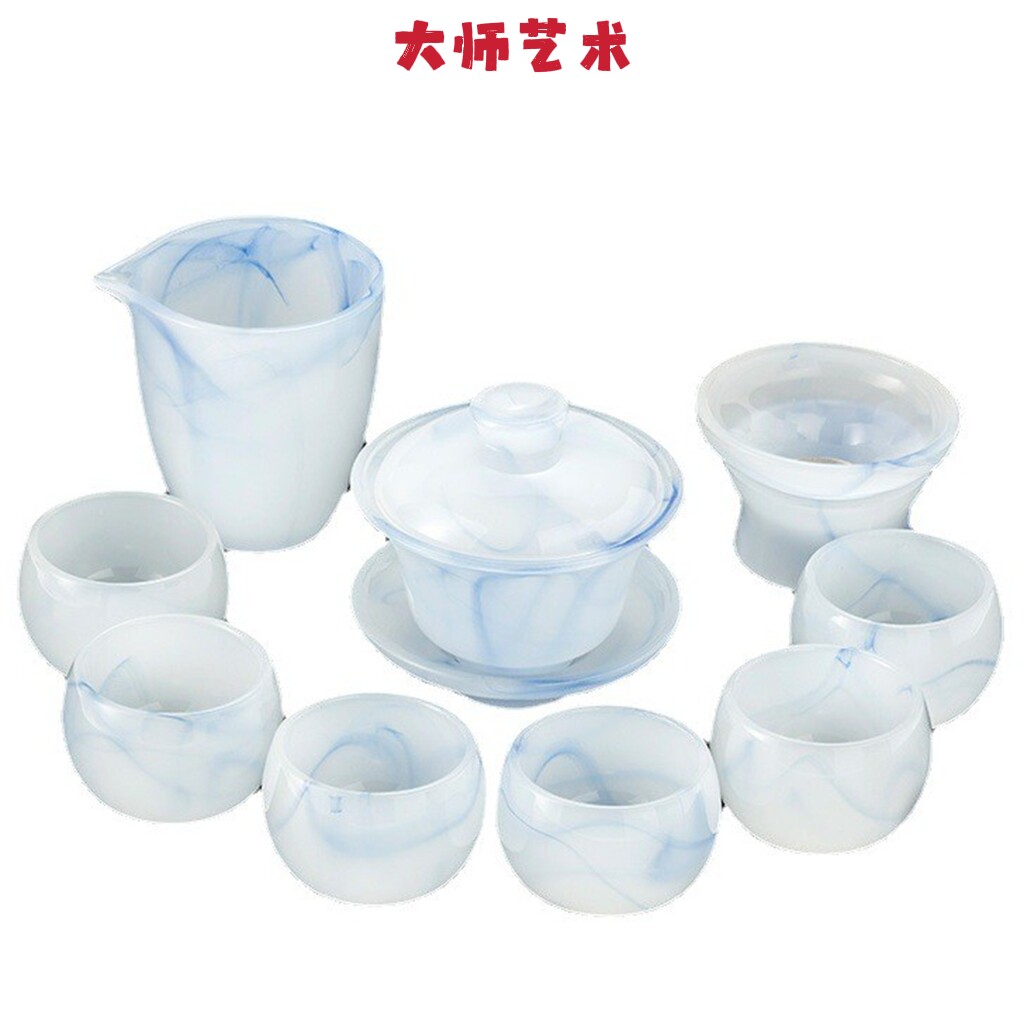 大师艺术高端古法琉璃水墨风整套茶具翡翠白玉瓷泡茶盖碗茶壶杯