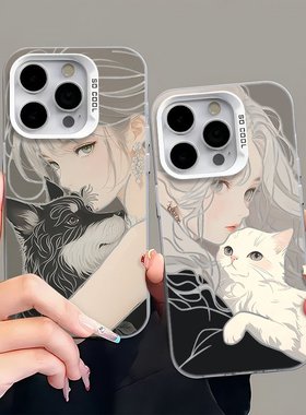 抱狗女孩情侣适用苹果17pro手机壳iphone17适用一加15适用小米17适用红米k90适用荣耀500保护套适用魅族22
