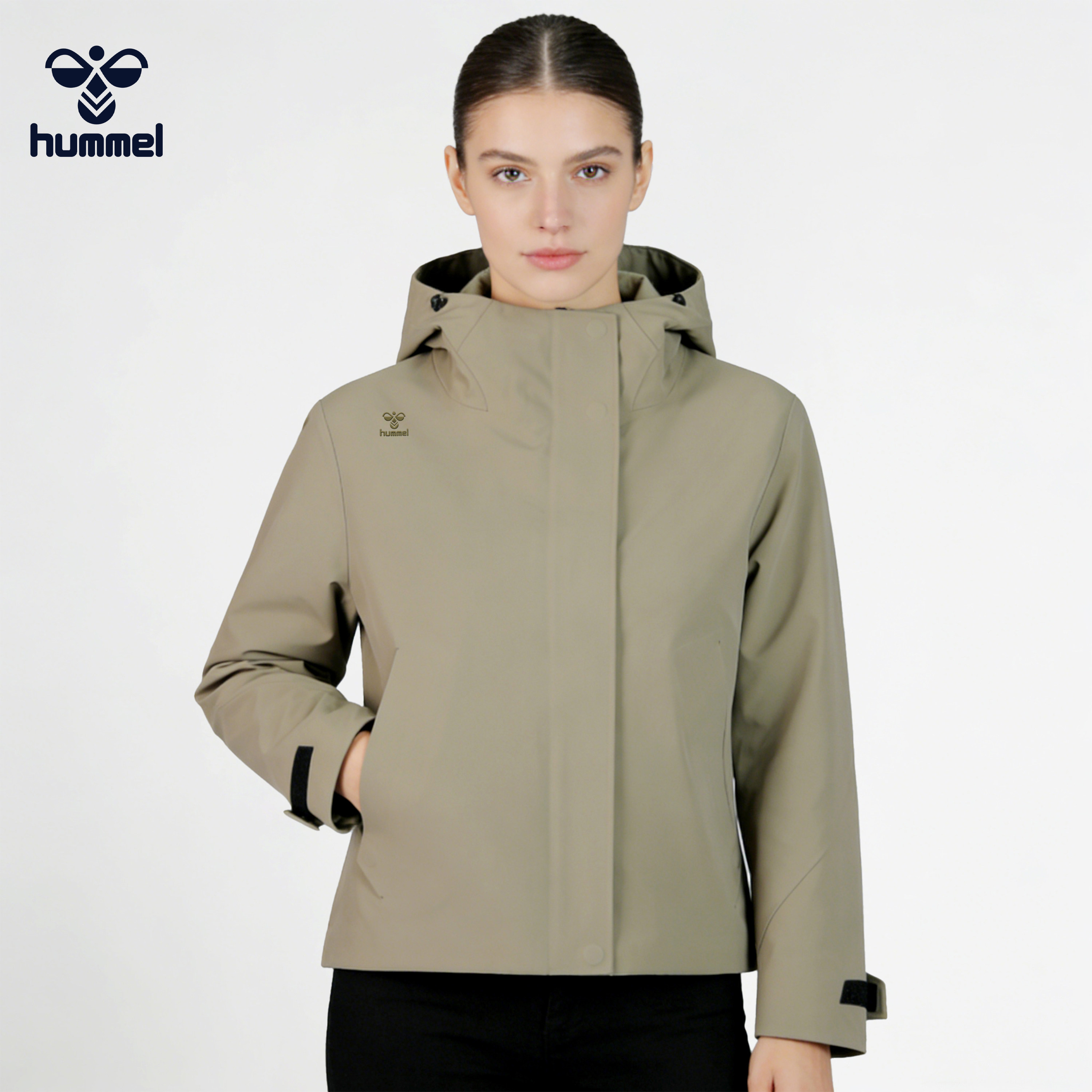 HUMMEL户外运动风连帽夹克女秋冬防风外套显瘦灰色夹克衫带帽