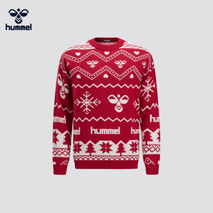 百搭2025新款 HUMMEL圣诞风费尔岛提花针织衫 男圆领红色毛衣情侣款