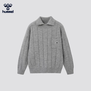 HUMMEL复古风翻领针织衫 毛线衣刺绣 男保暖毛衣宽松百搭潮流情侣款