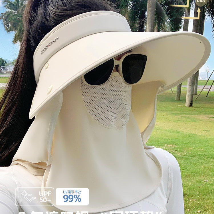 防晒口罩一体帽子女款2026新款夏全方位防紫外线护颈大帽檐遮阳帽