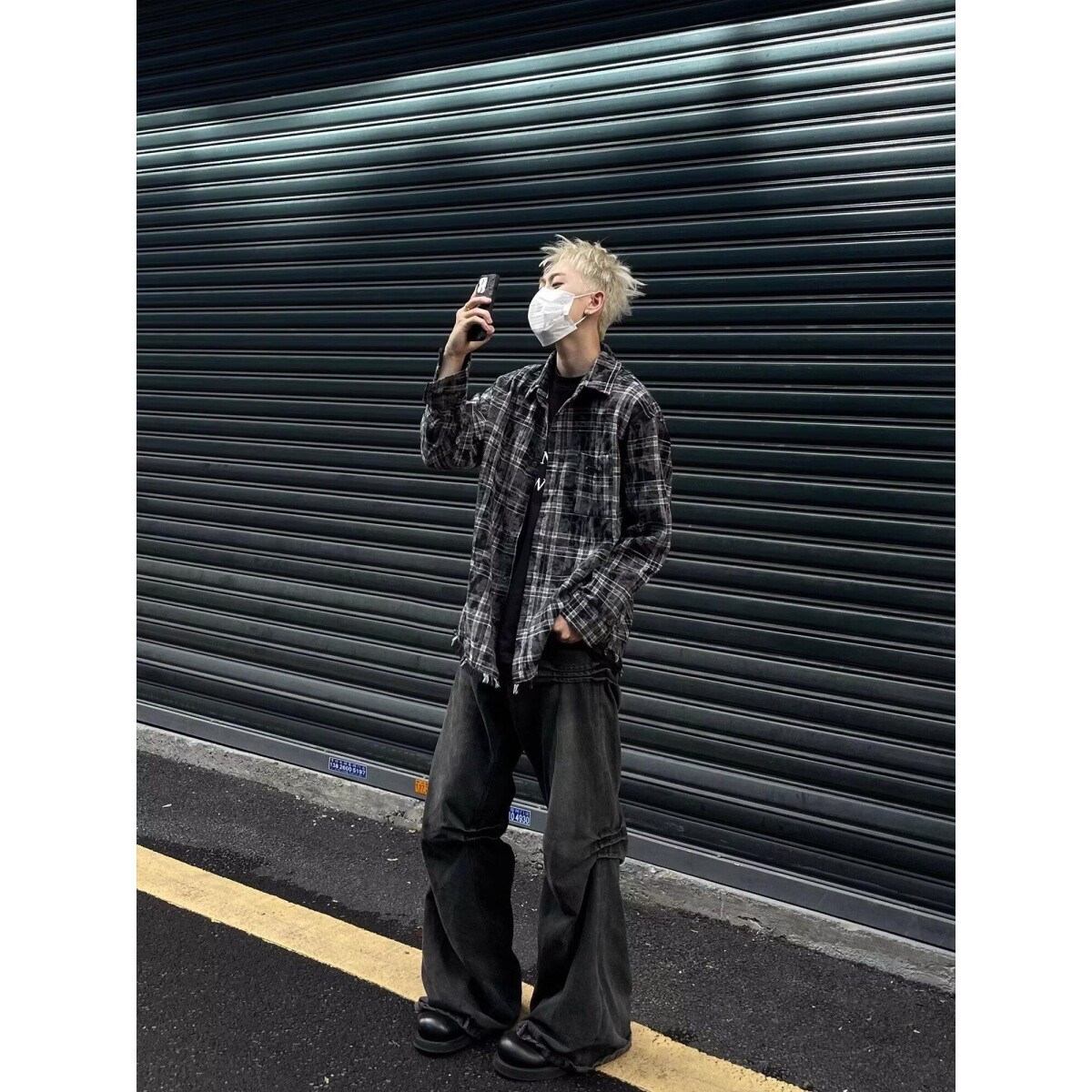 美式复古扎染格子休闲长袖衬衫毛边男女春秋季宽松百搭外套情侣装