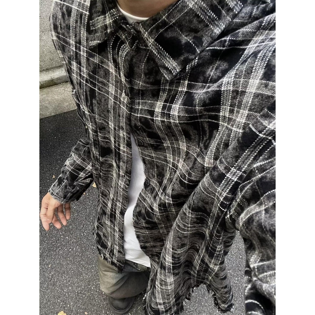 美式复古扎染格子休闲长袖衬衫毛边男女春秋季宽松百搭外套情侣装