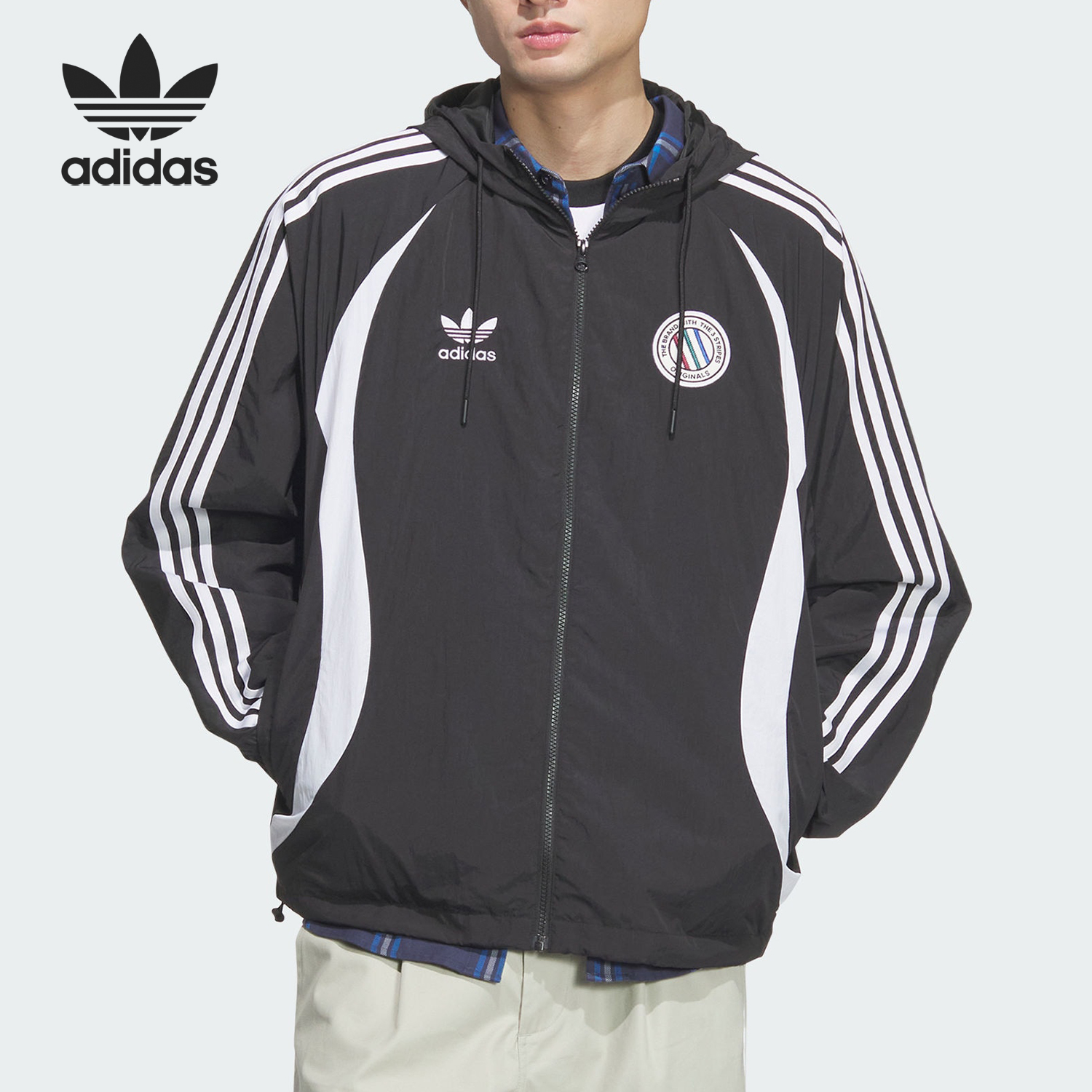 Adidas/阿迪达斯正品三叶草男士拼接连帽宽松条纹外套JL8358