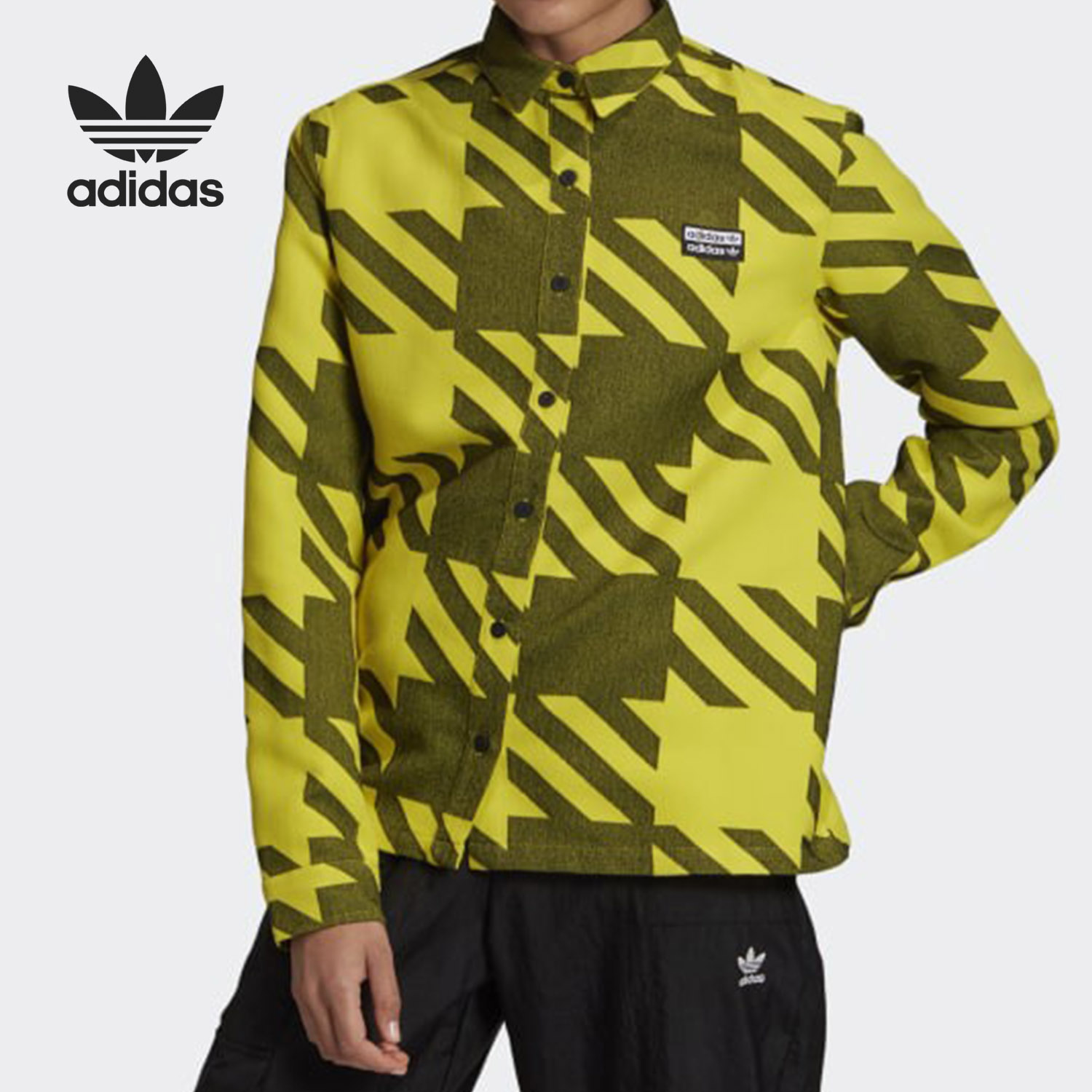 阿迪达斯官方正品三叶草女子格纹印花翻领运动宽松长袖上衣GD3963