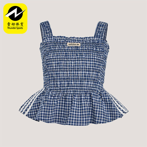 Adidas/阿迪达斯正品三叶草女士修身格纹荷叶边运动背心T恤KX7035