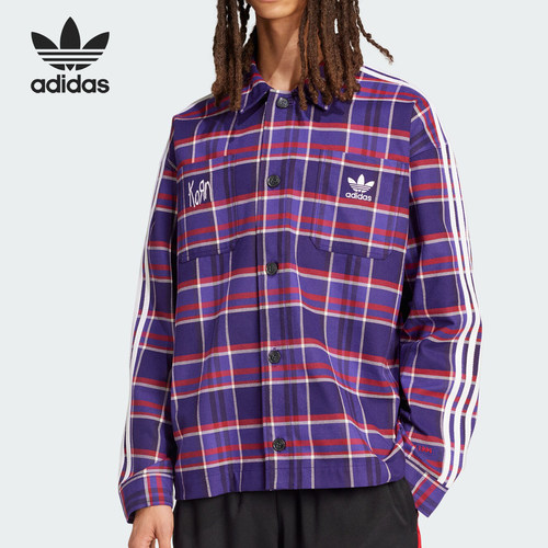 Adidas/阿迪达斯正品三叶草男士格纹运动翻领长袖衬衫JG1334