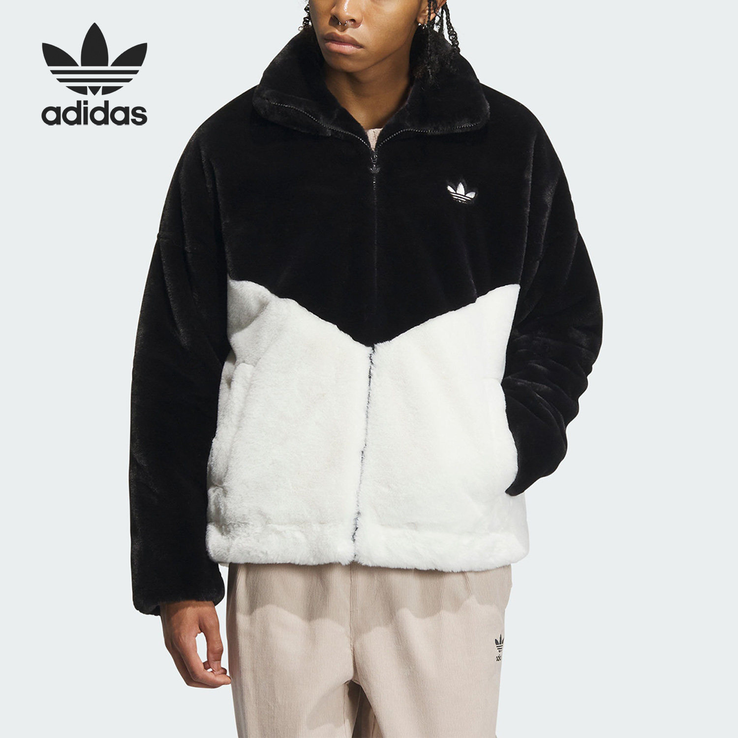 Adidas/阿迪达斯三叶草情侣同款毛绒保暖外套IN0981