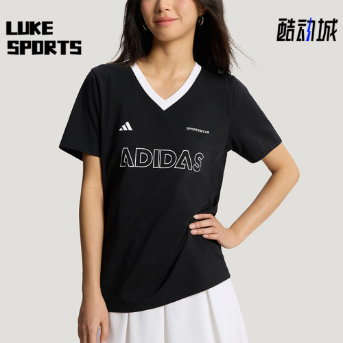 Adidas/阿迪达斯正品夏季女士亲肤日常休闲印花V领短袖T恤KX6800