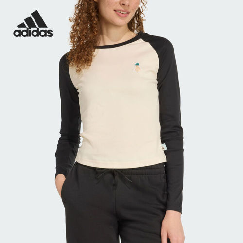 Adidas/阿迪达斯官方正品S新款女米白黑色亲肤拼色长袖T恤JV8407
