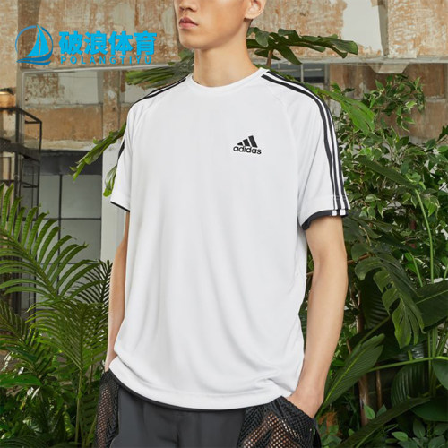 Adidas/阿迪达斯正品夏季男士透气条纹经典圆领运动休闲T恤KU3920