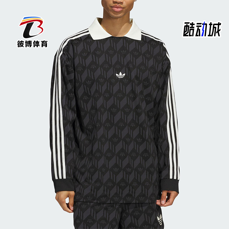 Adidas/阿迪达斯正品三叶草男女同款印花复古翻领长袖T恤JD5196