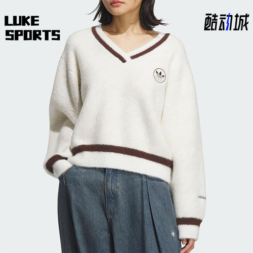 Adidas/阿迪达斯正品三叶草女士休闲V领复古针织耐穿套头衫KC2687