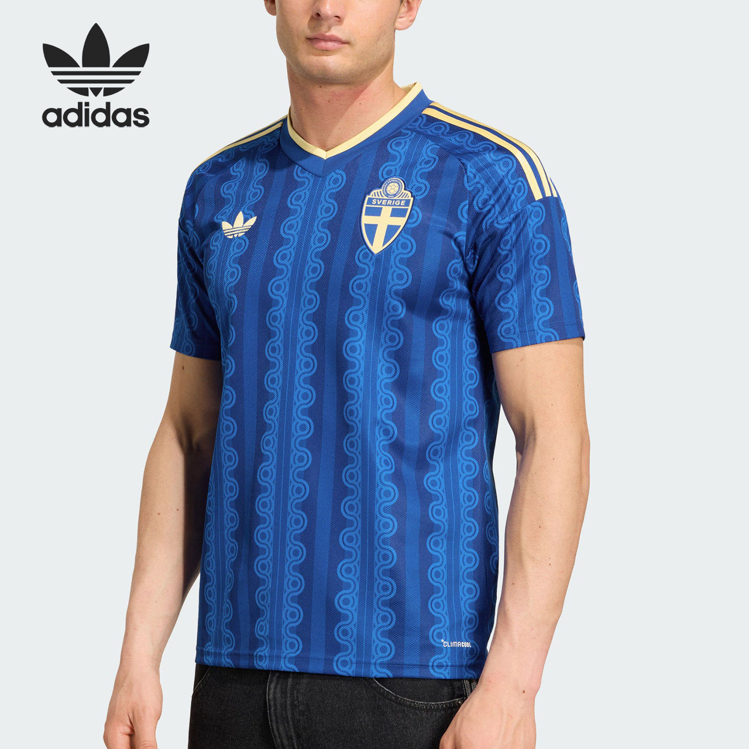 Adidas/阿迪达斯正品新款男蓝黄色足球V领足球短袖球衣JM5810