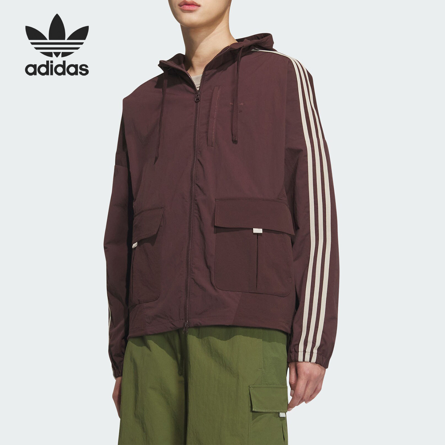 Adidas阿迪达斯正品男连帽宽松梭织运动风三叶草防风夹克JG1518