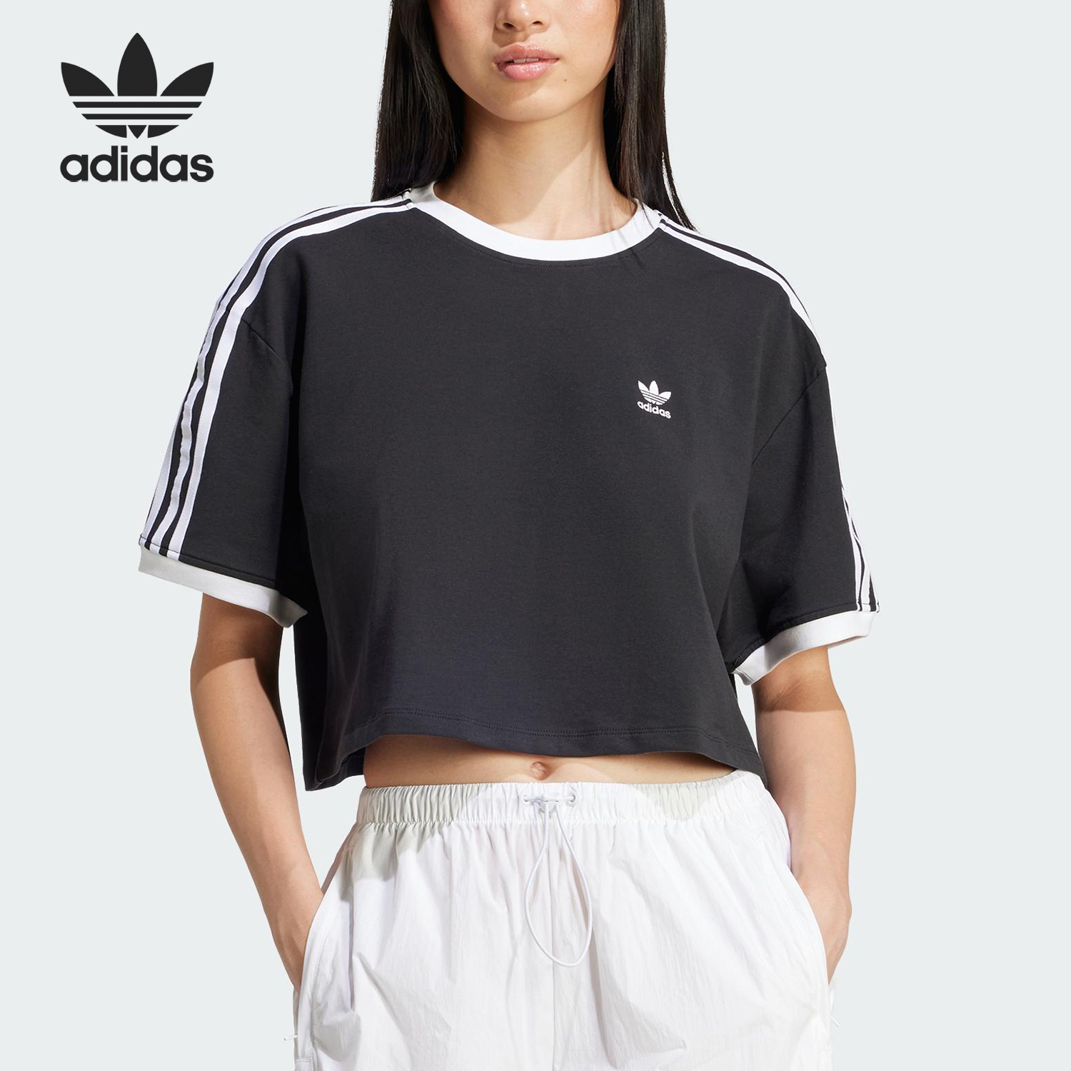 Adidas/阿迪达斯官方正品三叶草女士短款透气针织休闲短袖JC8149
