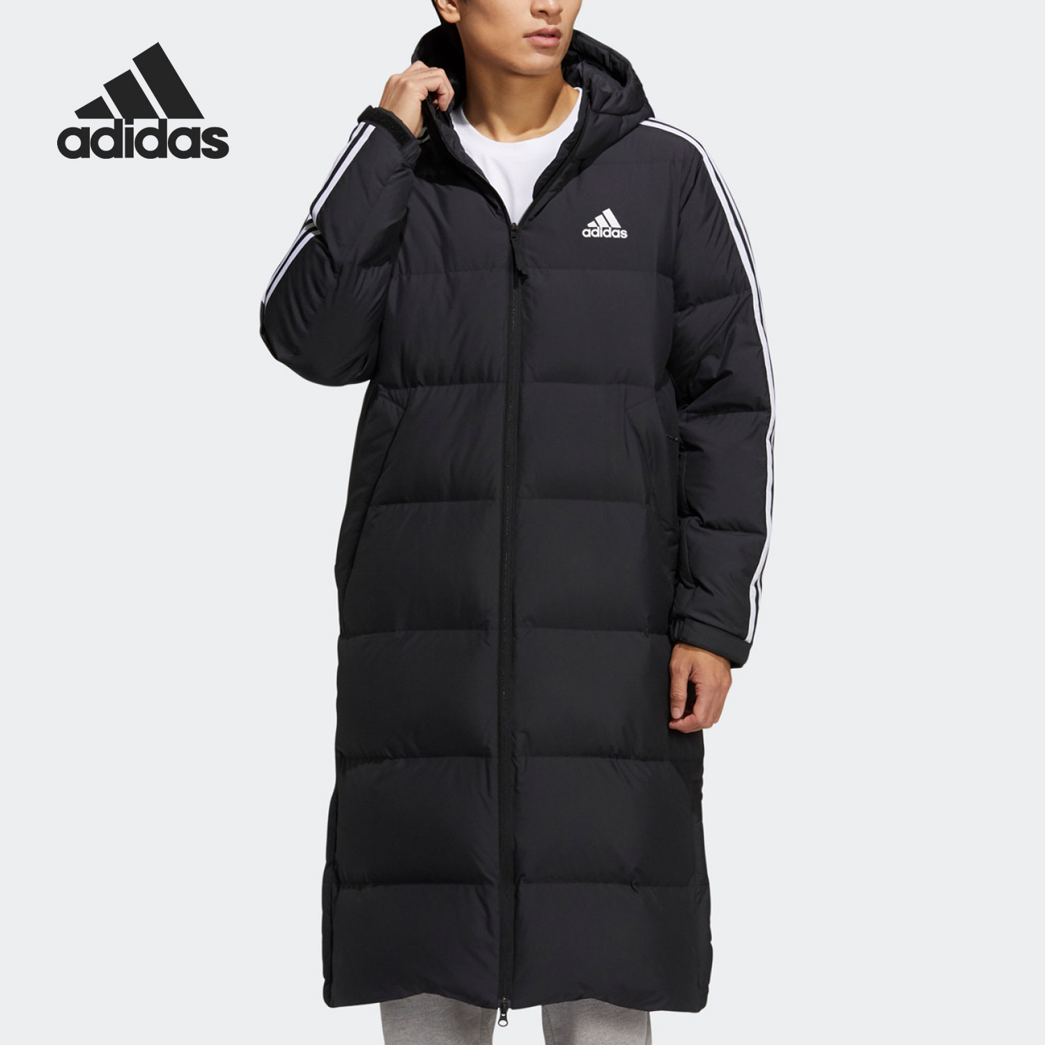Adidas/阿迪达斯正品冬季男女保暖长款休闲运动连帽羽绒服H20760