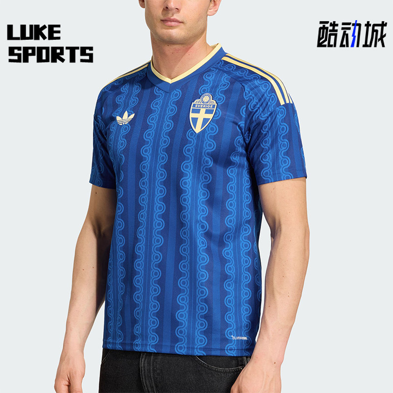 Adidas/阿迪达斯正品新款男蓝黄色足球V领足球经典短袖球衣JM5810