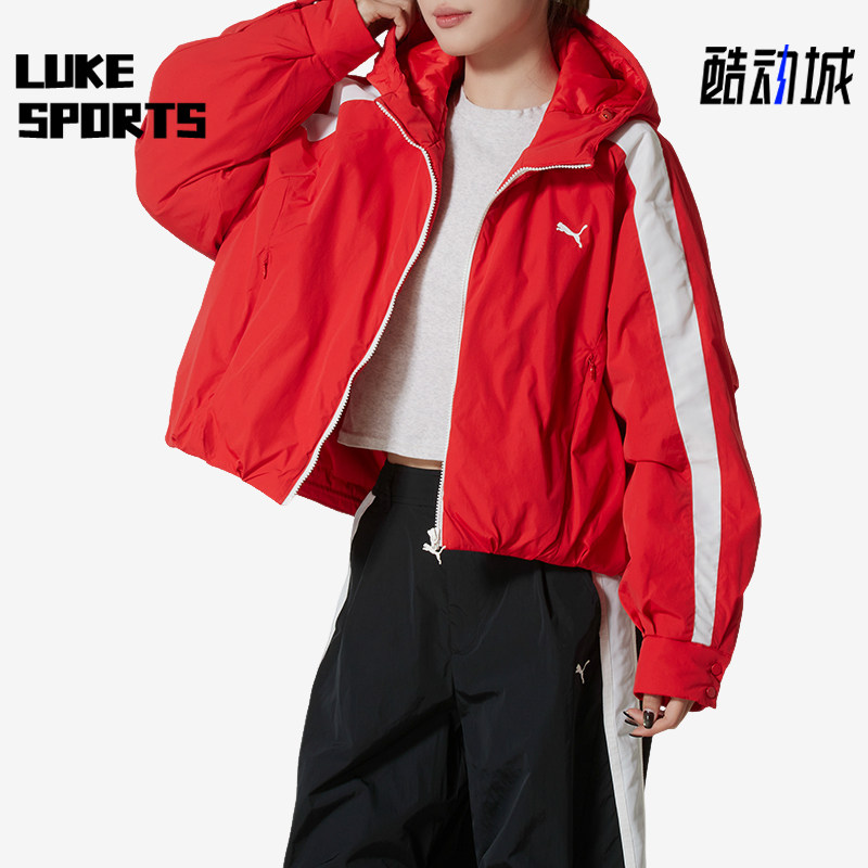 Puma/彪马正品T7复古连帽女红色保暖经典宽松防水棉服637441-11