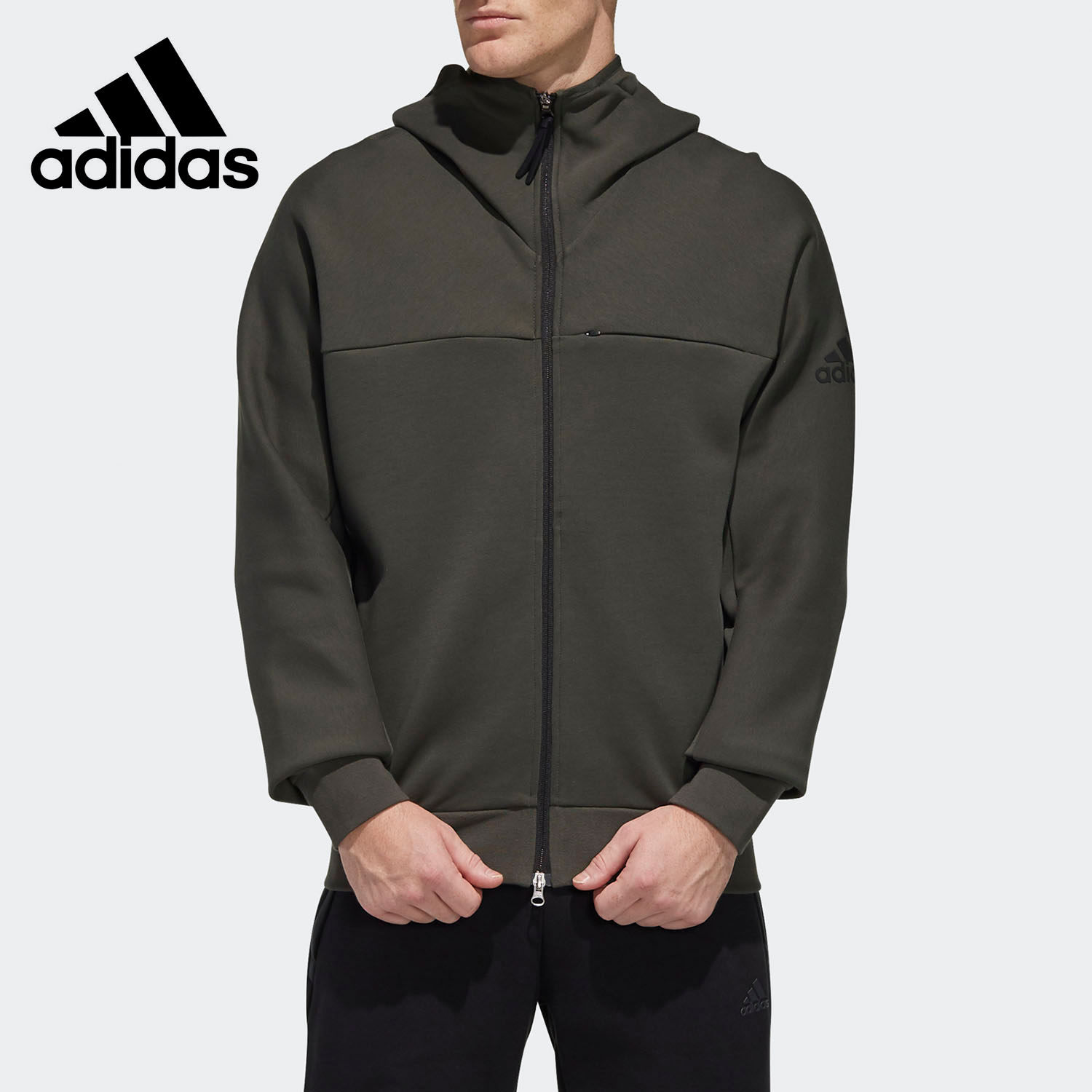 Adidas阿迪达斯正品男连帽军绿色休闲运动型拉链卫衣夹克FM9387