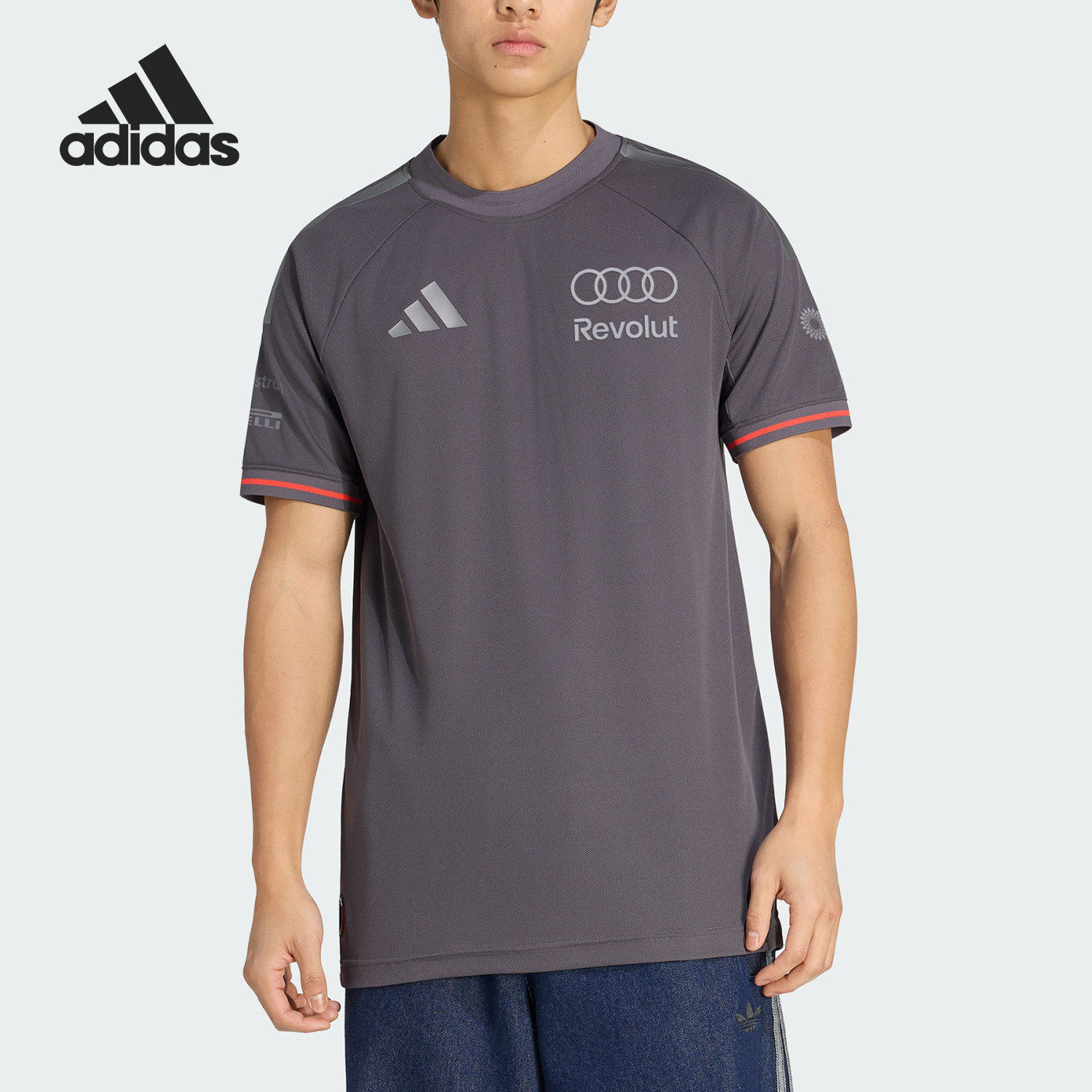 Adidas/阿迪达斯正品奥迪F1车队新款男灰橙色短袖T恤KE9091