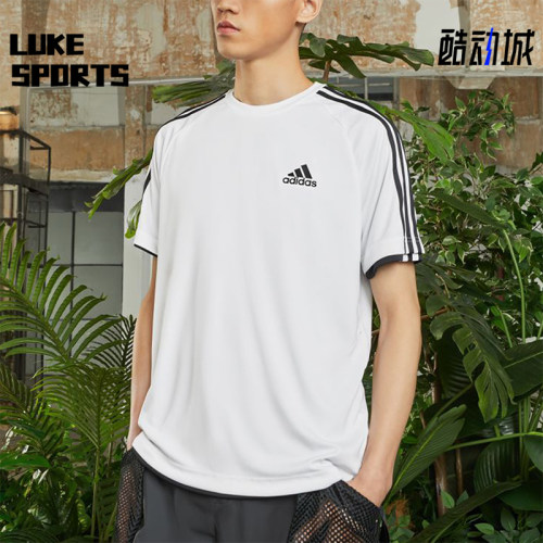 Adidas/阿迪达斯正品夏季男士透气条纹经典圆领运动休闲T恤KU3920