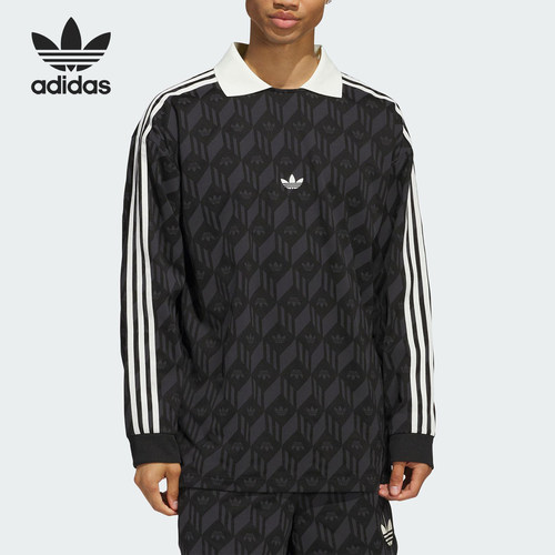 Adidas/阿迪达斯官方正品三叶草男女印花复古翻领长袖T恤JD5196