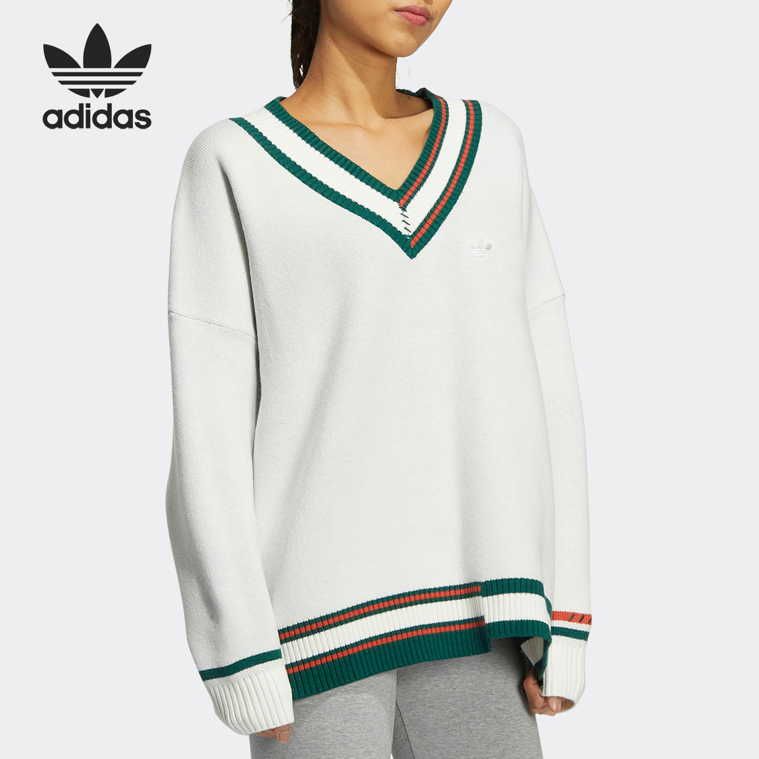 Adidas/阿迪达斯正品三叶草女子毛衣保暖针织V领上衣HS9521