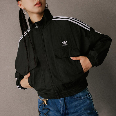 Adidas/阿迪达斯正品三叶草女士休闲短款条纹梭织运动外套KG8512