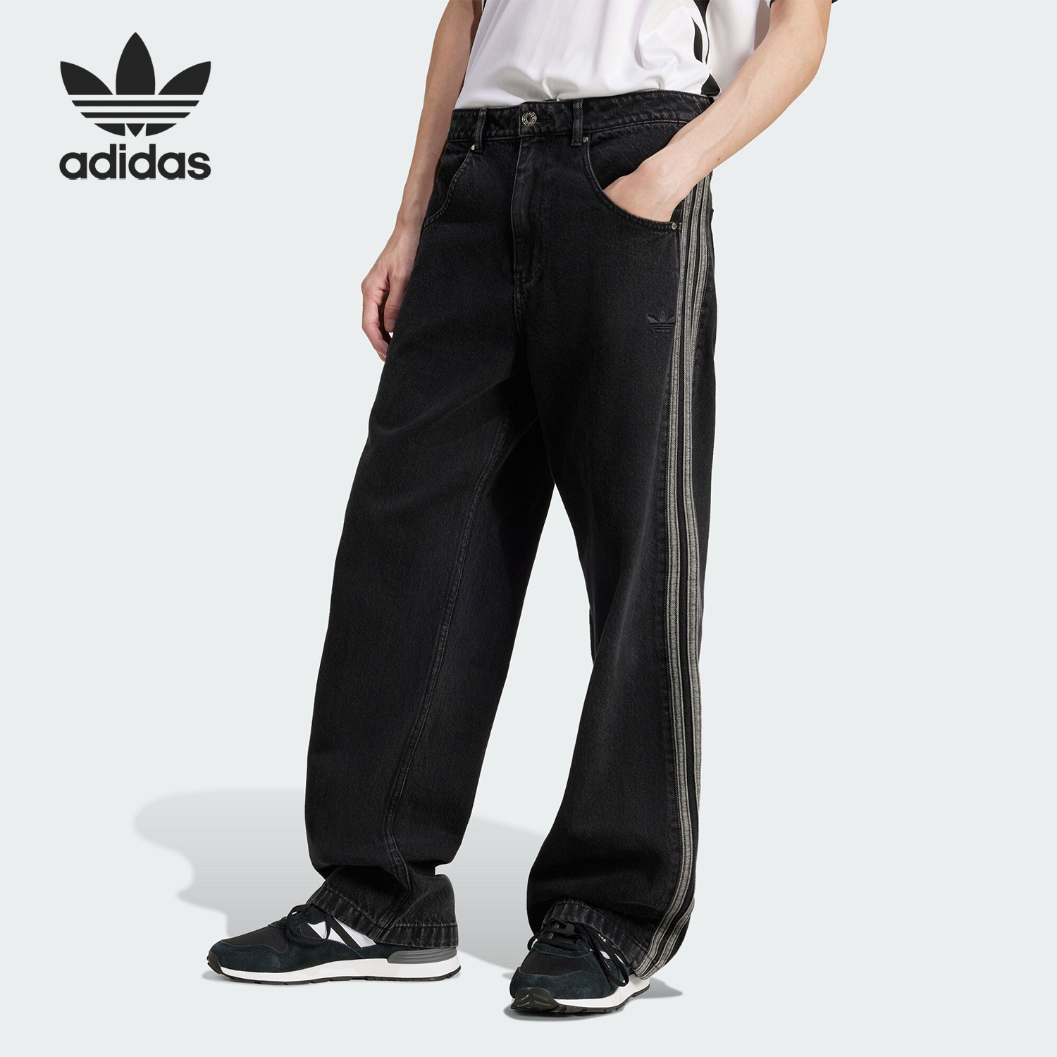 Adidas/阿迪达斯正品三叶草男士复古条纹直筒牛仔裤JC6718