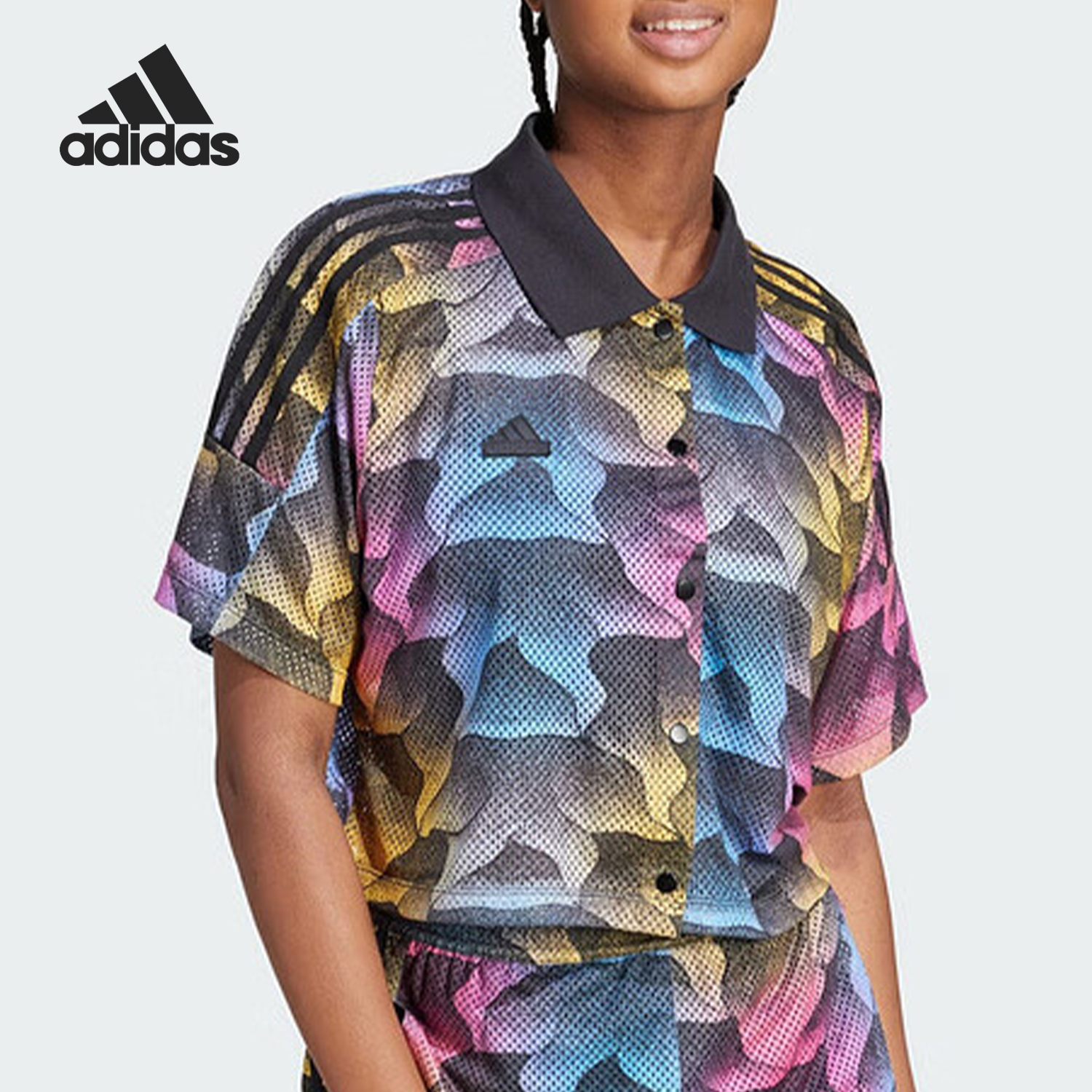 Adidas/阿迪达斯正品运动女士宽松印花休闲短袖衬衫IQ4815