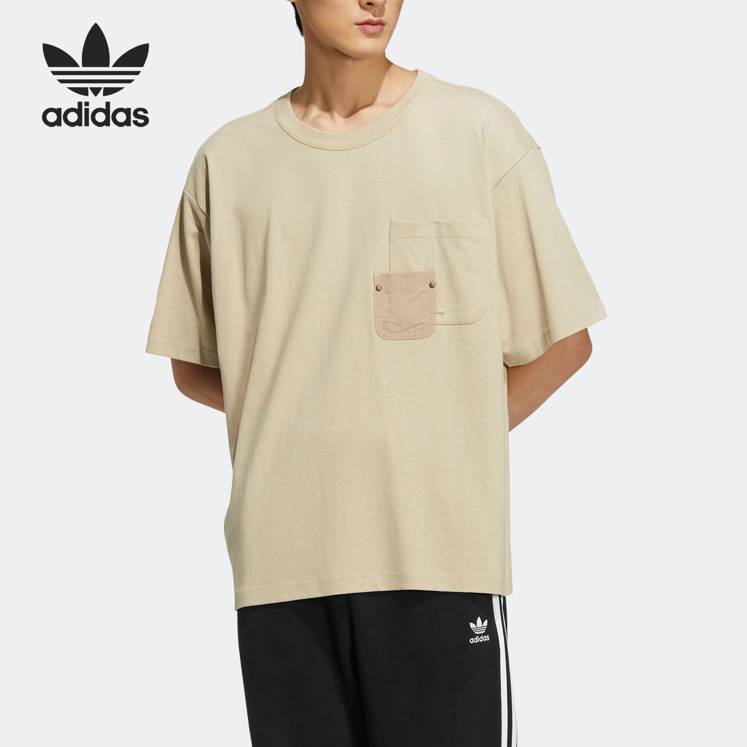 Adidas/阿迪达斯正品夏三叶草男子口袋运动圆领短袖T恤HM7991