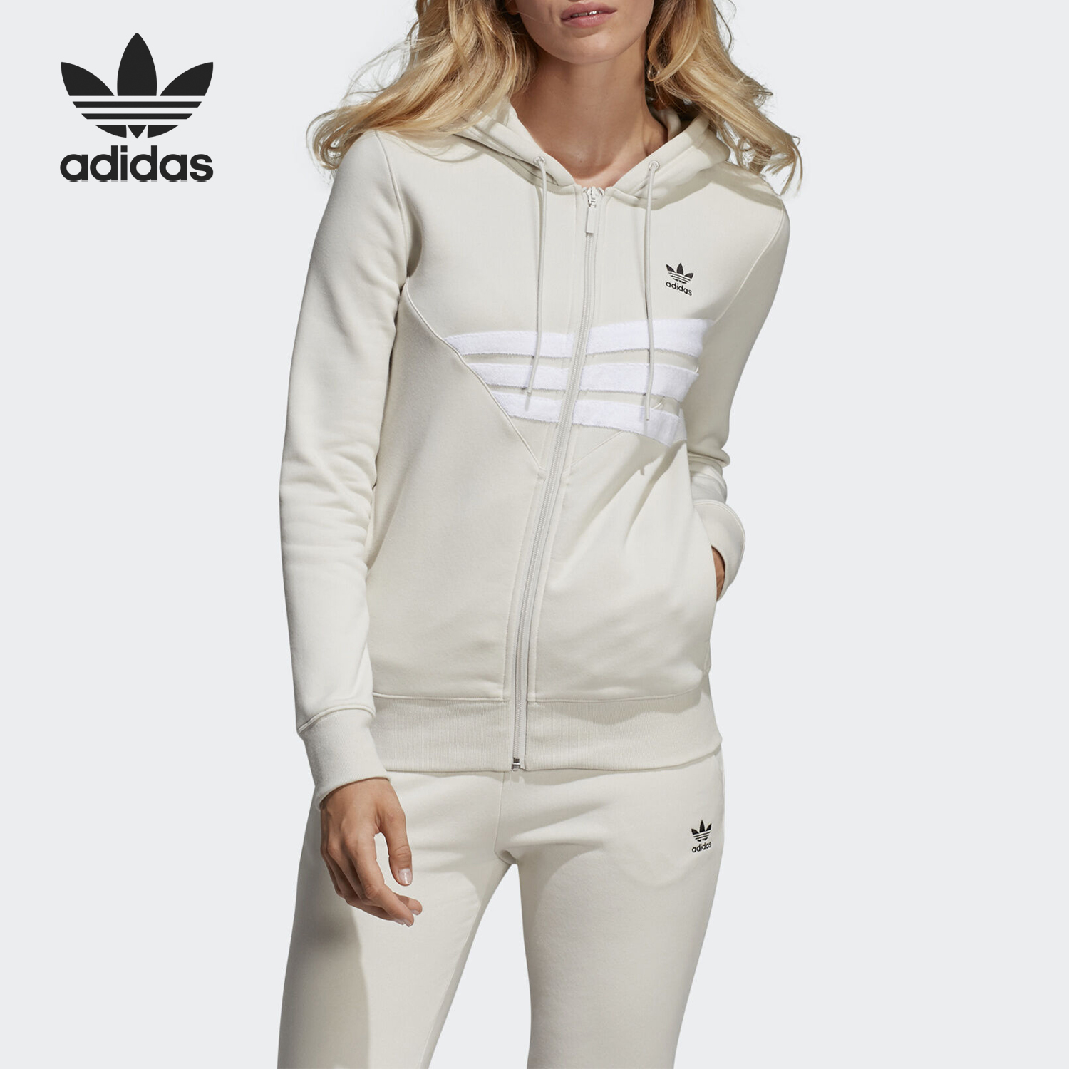Adidas/阿迪达斯正品三叶草女士薄绒运动连帽拉链外套DU9540