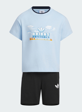 Adidas/阿迪达斯正品三叶草小童印花运动宽松短袖套装JI9841
