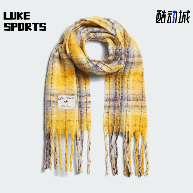 Adidas/阿迪达斯正品三叶草女士格纹绒面经典流苏运动围巾KV6601